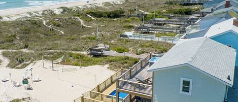 On the beach, sun-loungers, beach towels