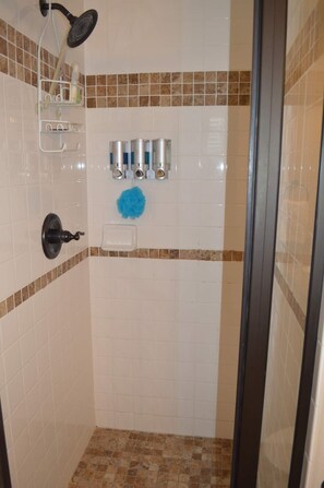 Shower, towels, soap, shampoo