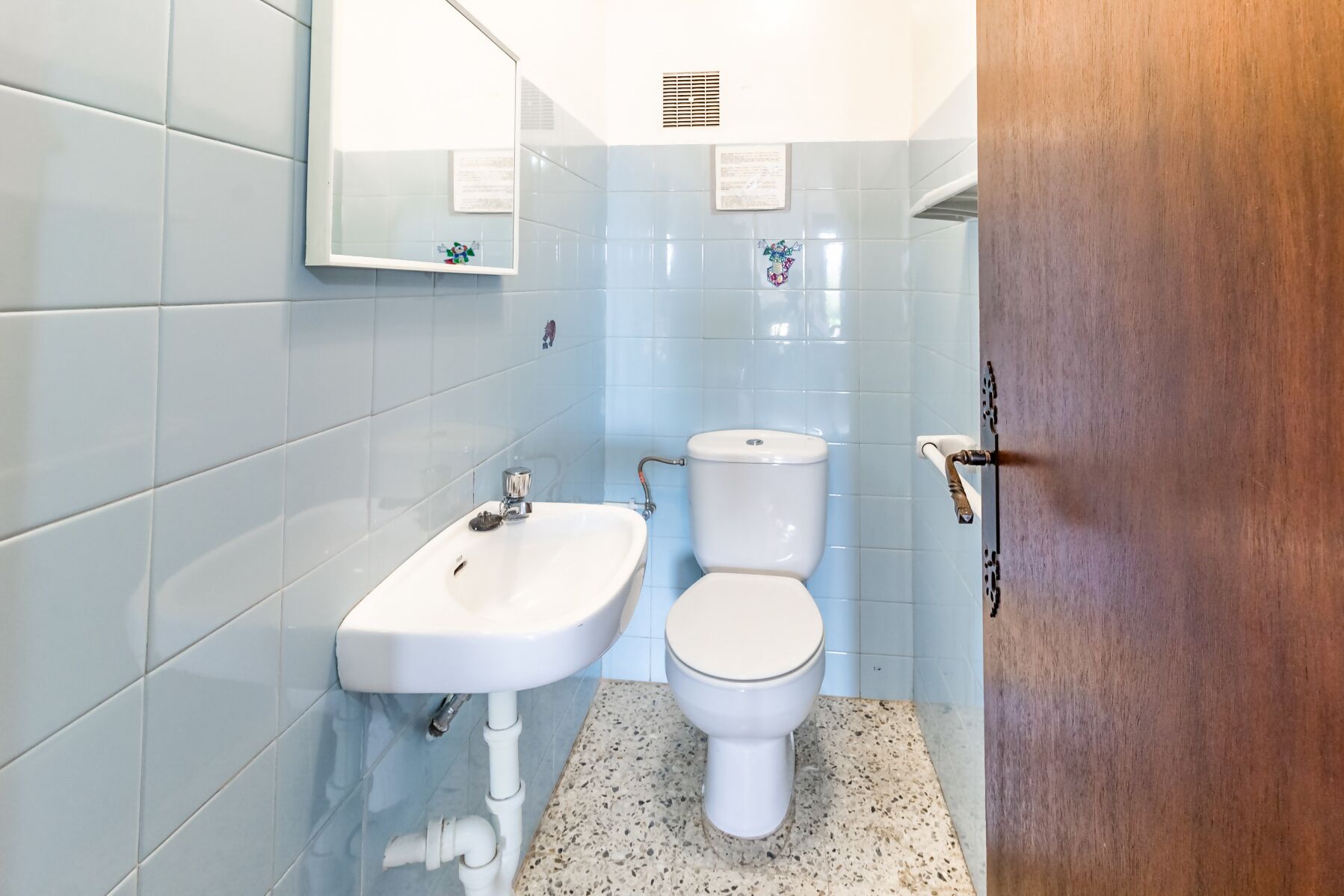 Un bany amb un lavabo, vàter i una porta de fusta.
