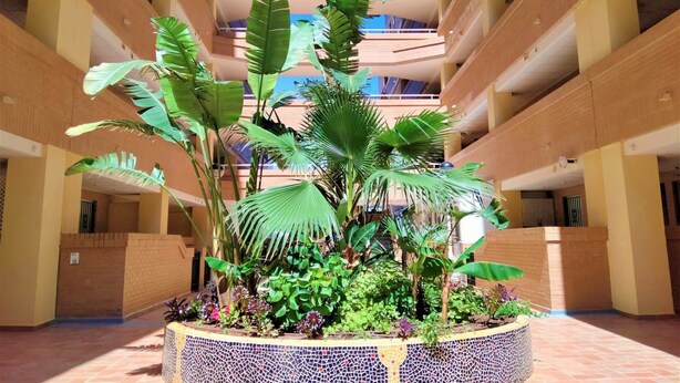 Un atrio de varios niveles con un jardín central que presenta diversas plantas tropicales.