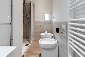Shower, hair dryer, bidet, towels