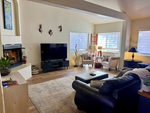 Smart TV, fireplace, DVD player, books