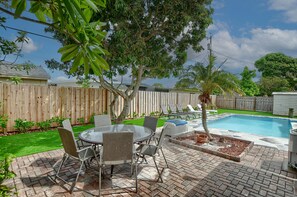 Relax by the pool in a, beautifully landscaped yard with a patio and lawn.