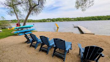 On the beach, sun loungers, beach towels
