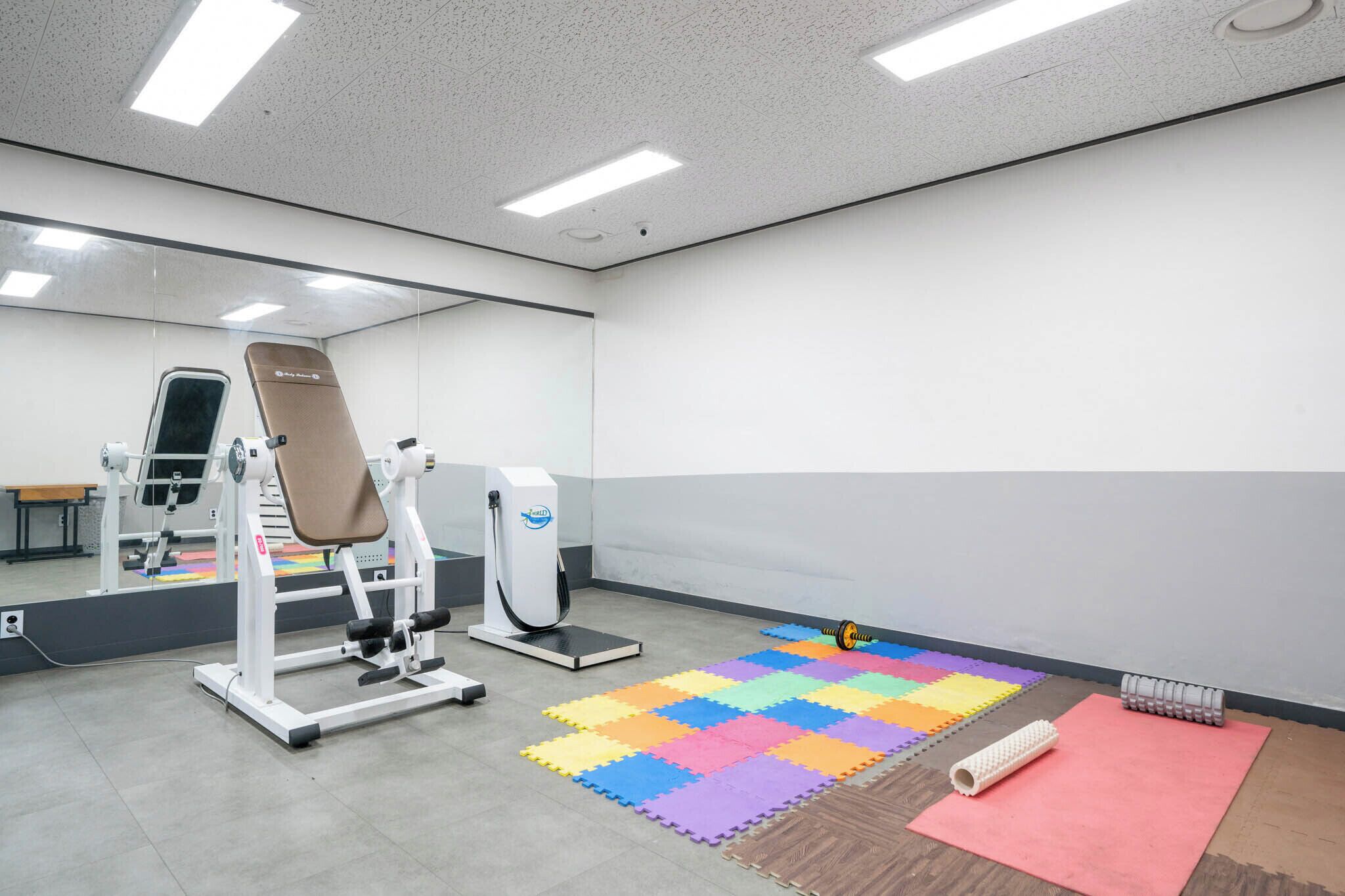 A gym with exercise equipment, a mirror, and a colorful mat on the floor.