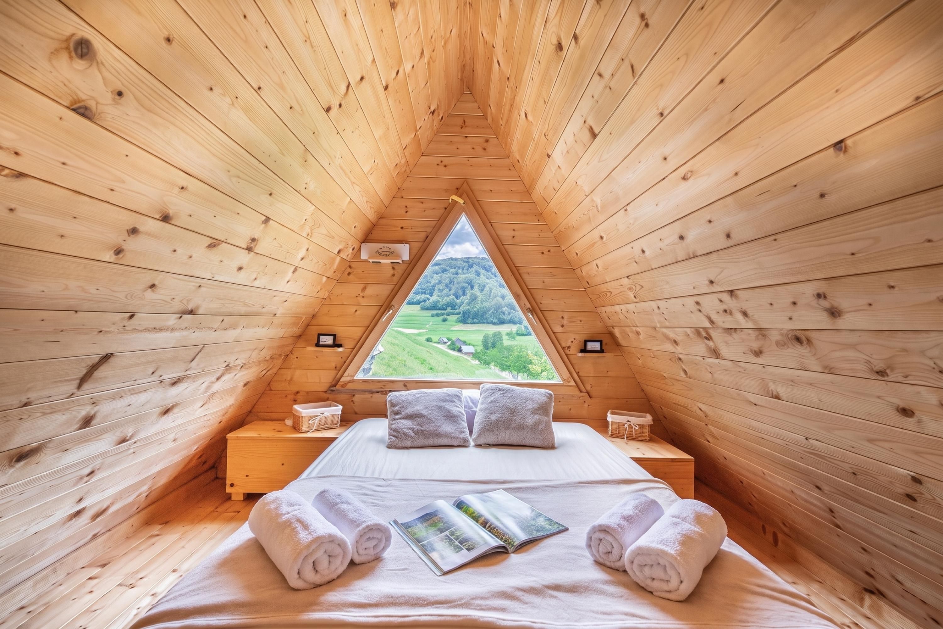 Une pièce chaleureuse en bois, avec un lit, des oreillers et des serviettes, une fenêtre donnant sur un paysage verdoyant et une petite table de chevet.