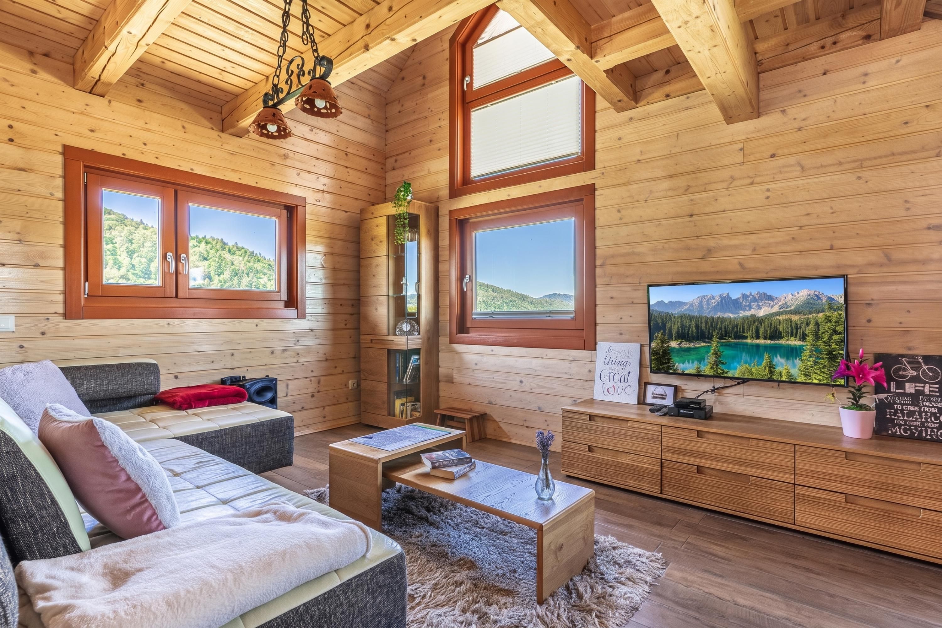 L’intérieur chaleureux d’un chalet avec un canapé, une table basse et un téléviseur fixé à un mur en bois.