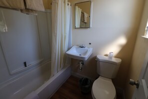 A bathroom with a shower, sink, toilet, and a mirror. - Sandman Inn Motel (Daytona Beach)