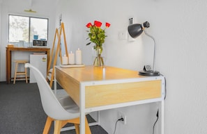 Individually furnished, desk, laptop workspace, blackout drapes