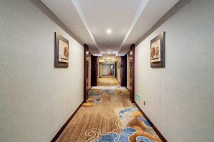 Un pasillo de hotel con piso alfombrado, obras de arte enmarcadas en las paredes y una lámpara en el techo.