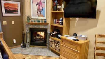 Smart TV, fireplace, DVD player, books