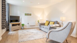 A modern living room with a flat-screen TV, grey sofa, patterned rug, and a potted plant.