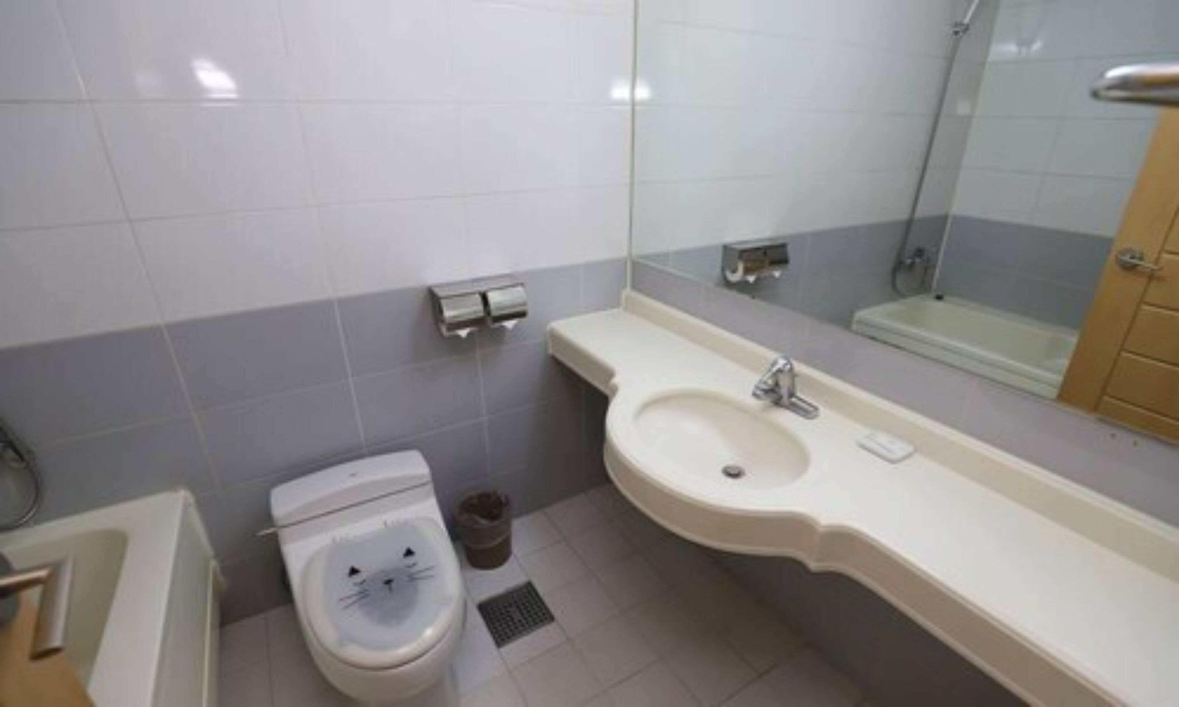 A bathroom with a toilet, sink, and mirror.
