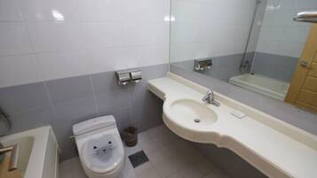 A bathroom with a toilet, sink, and mirror.