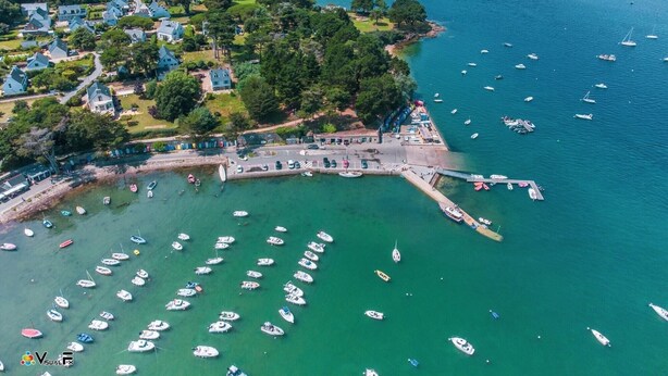 Vista aérea de un pueblo costero con un puerto deportivo lleno de barcos, rodeado de casas residenciales y vegetación.