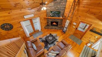 Smart TV, fireplace, books
