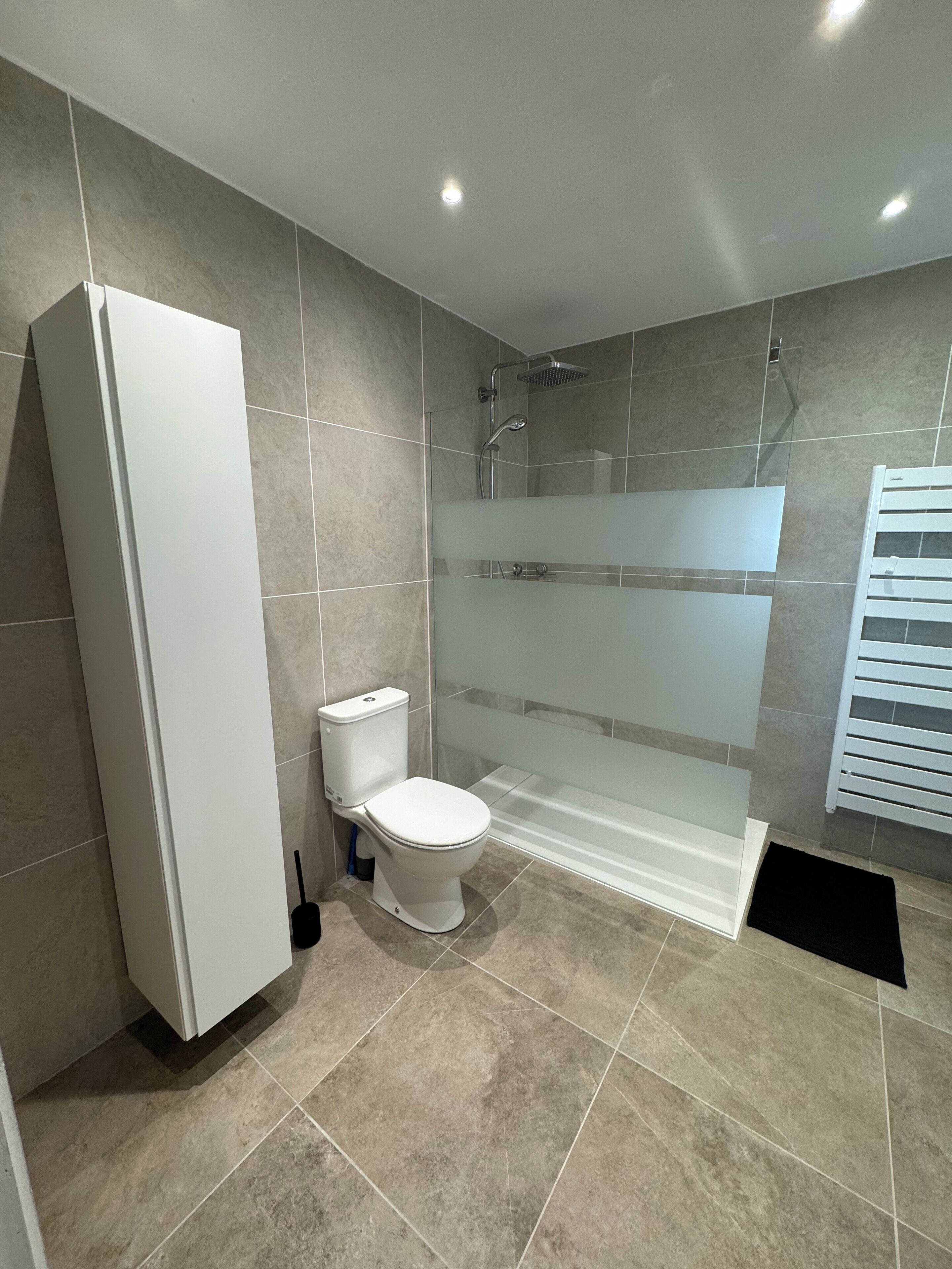 Een moderne badkamer met toilet, douche en een wit kastje.