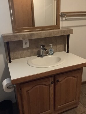 A bathroom with a white sink, a mirror above it, and wooden cabinets below.