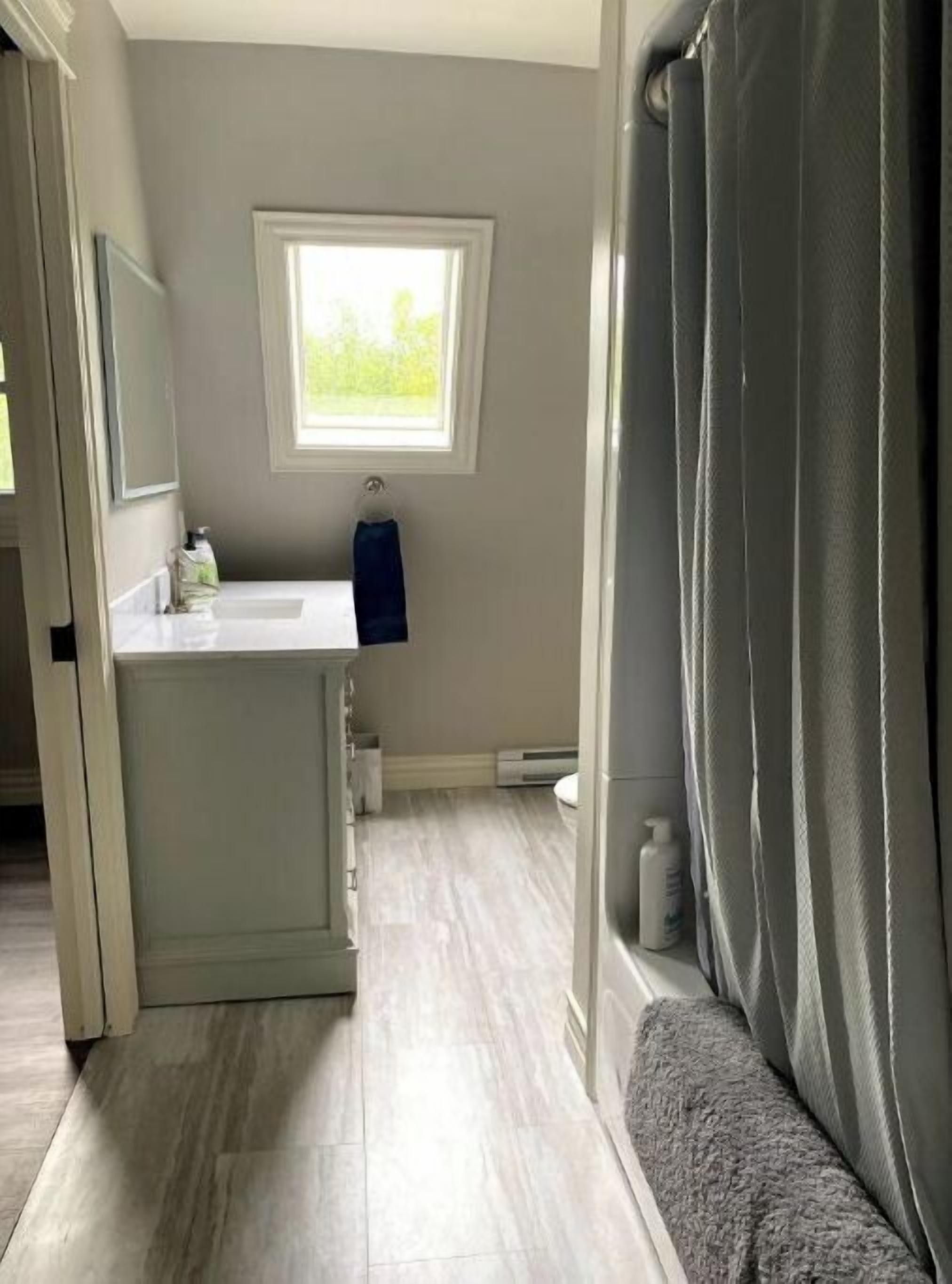 Combined shower/tub, hair dryer, towels, soap