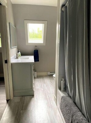 Combined shower/bathtub, hair dryer, towels, soap