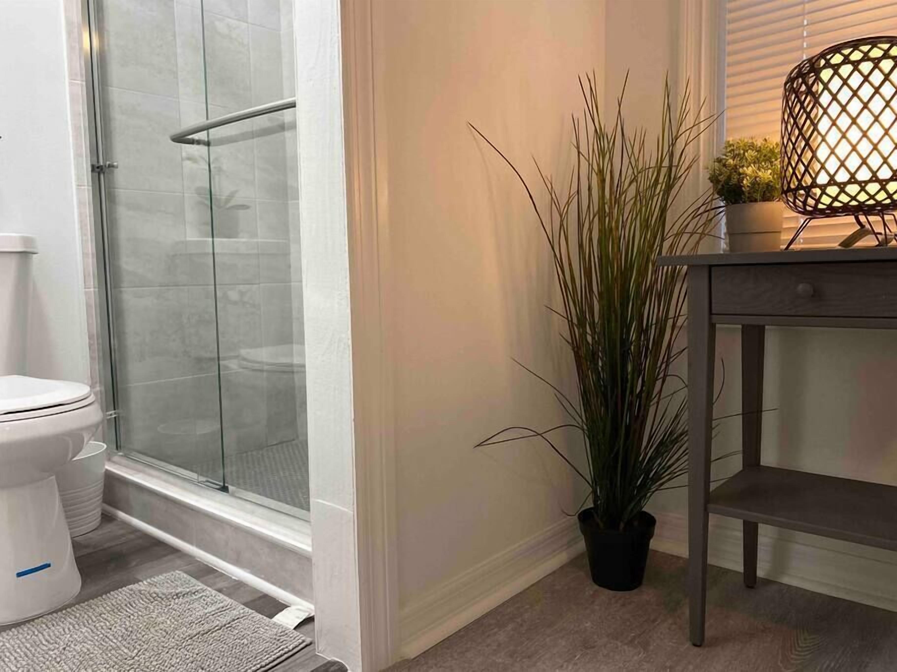 Een badkamer met een douchecabine van glas, een toilet, een potplant en een tafel met een lamp.