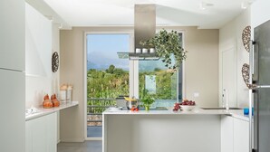 Eine moderne Küche mit Kochinsel, großem Fenster und Blick ins Grüne sowie einem eingebauten Herd.
