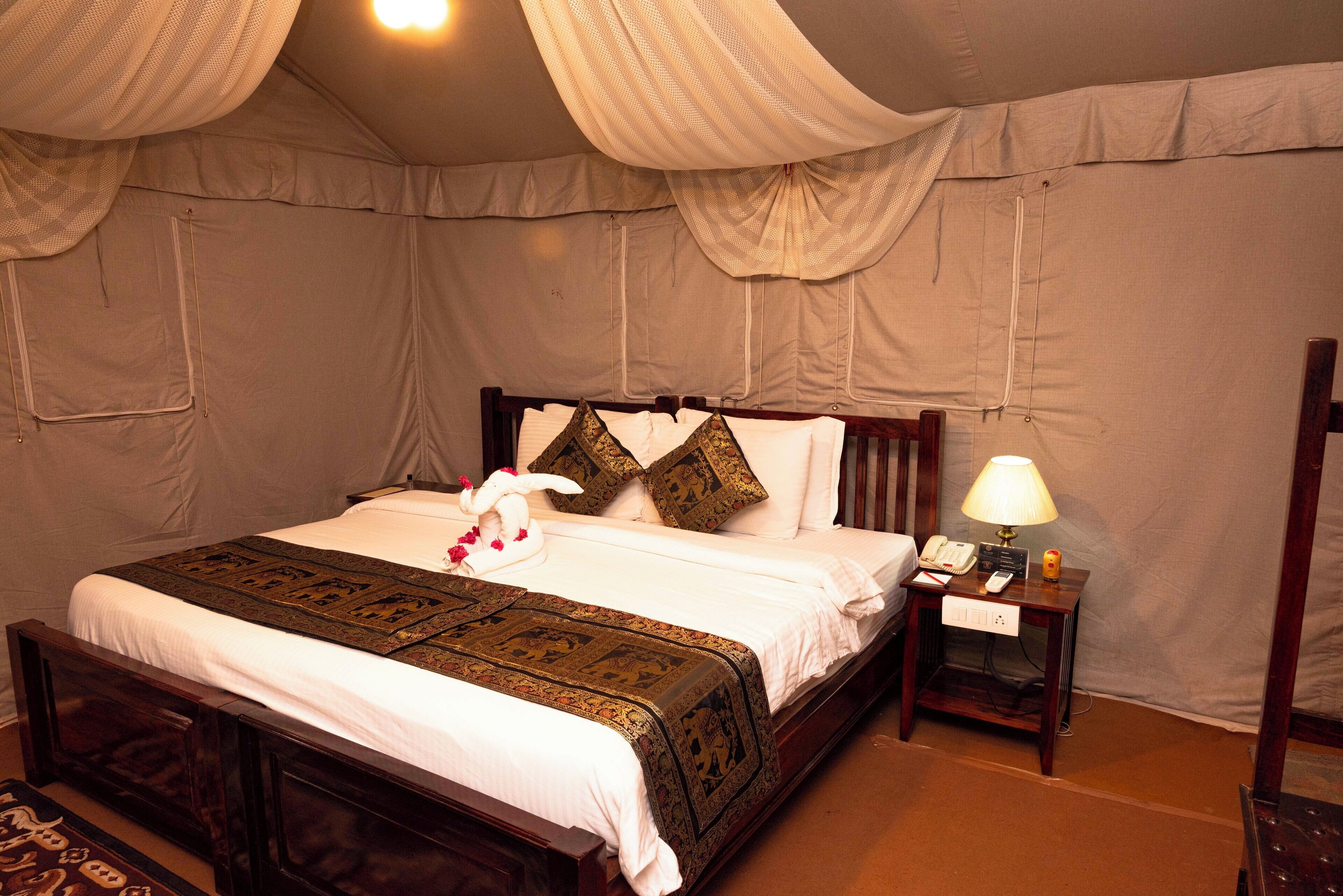 A bed with a white bedspread, two pillows, a bedside table with a lamp, and a telephone.