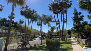 A sunny outdoor area with tall palm trees and a paved walkway. - Oasis de Capistrano Rabat 27 by Casasol (Nerja)