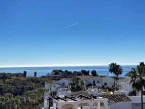 Un pueblo costero con edificios blancos, palmeras y un cielo azul despejado.