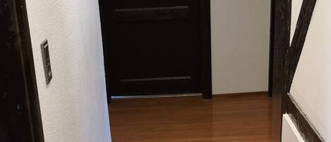 A hallway with wooden flooring, white walls, and a dark wooden door at the end.