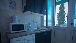 Cocina compacta con microondas, lavabo y lavadora.