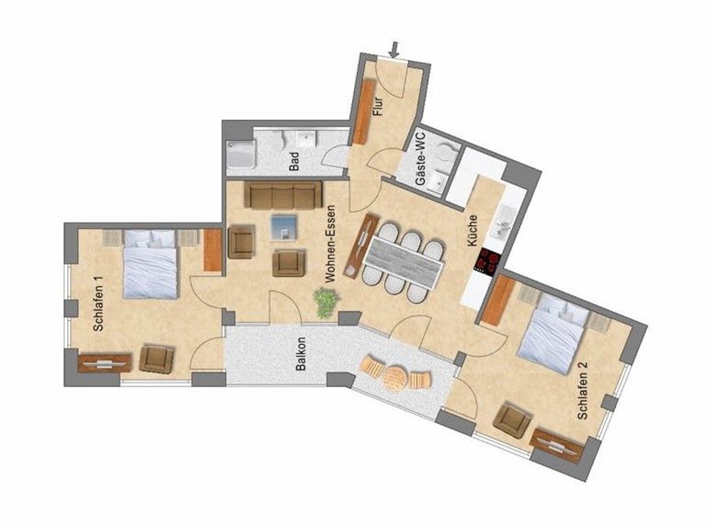 Un plan d’étage d’un hôtel comprenant deux chambres, une salle de bain, une cuisine, un coin repas et un balcon.
