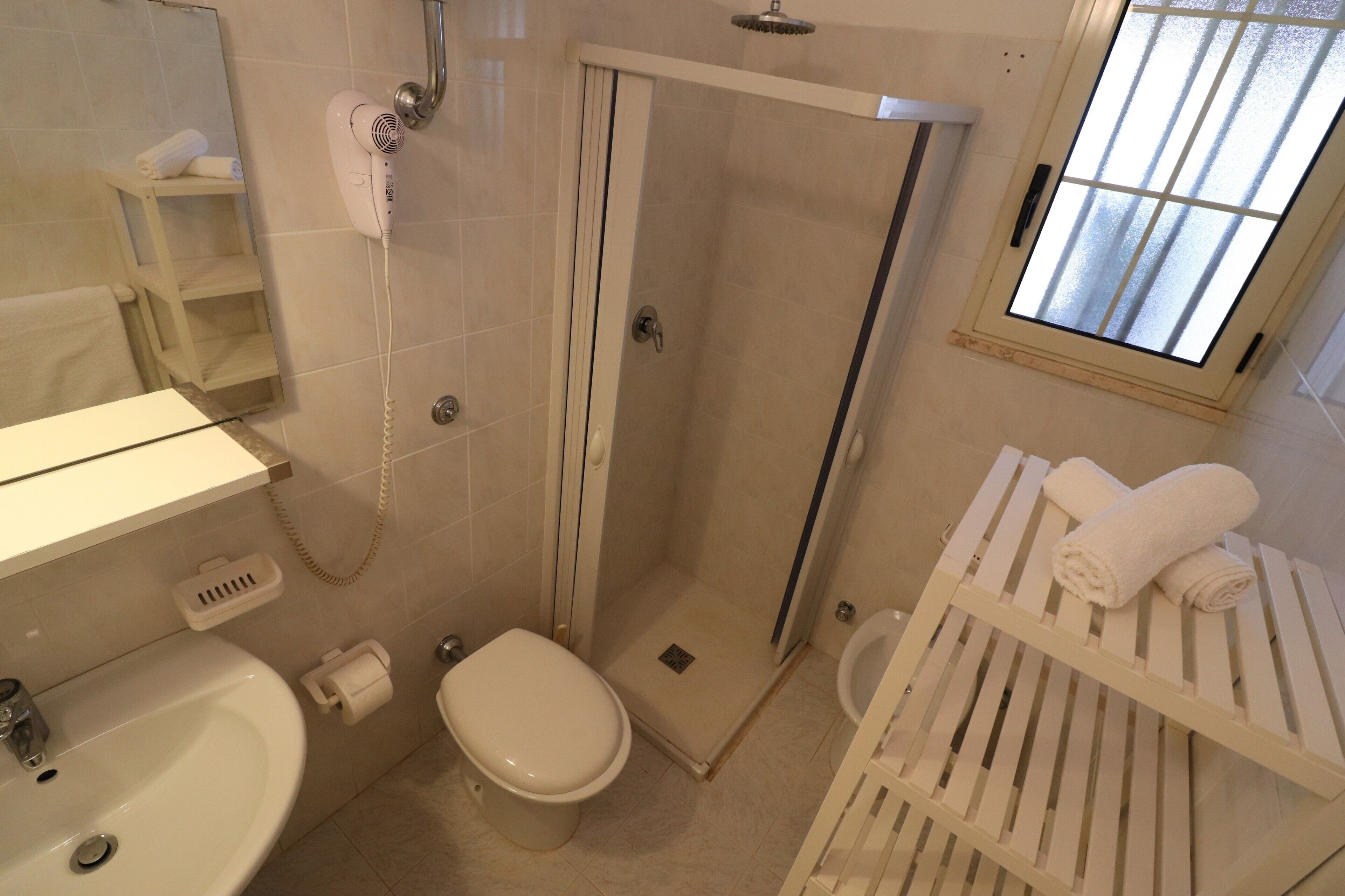 Shower, hair dryer, towels