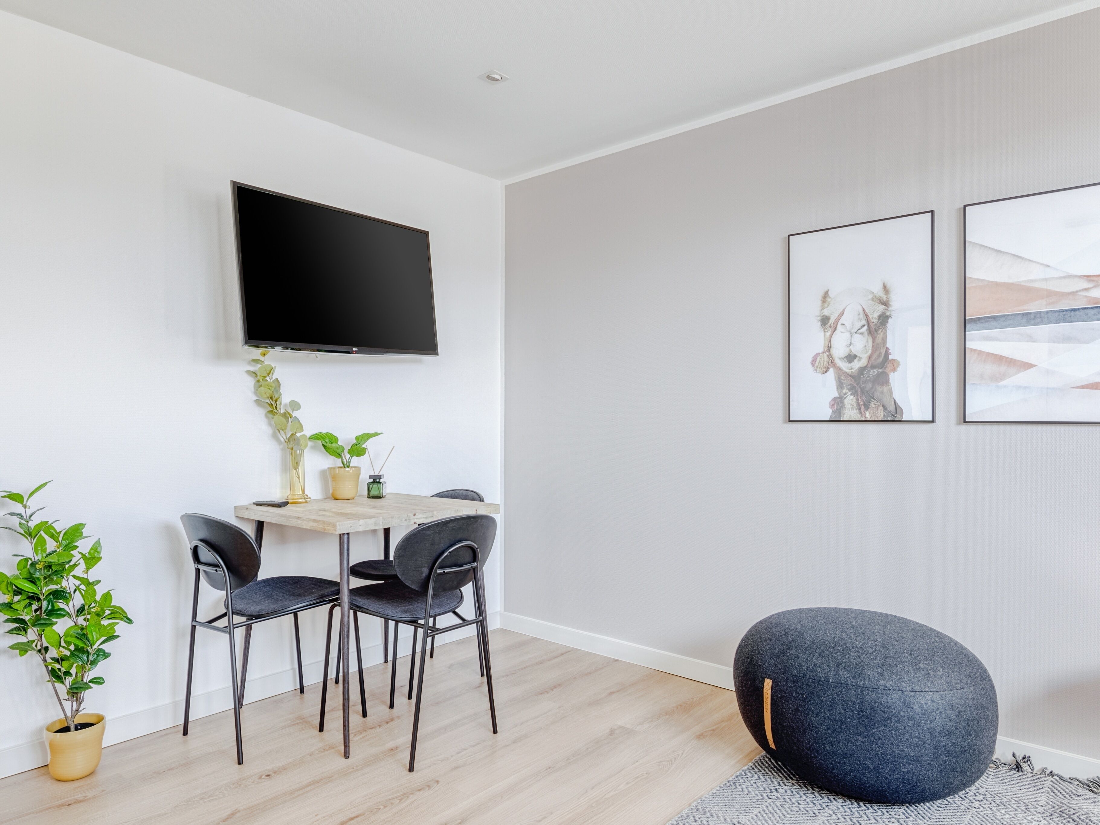 Un salon moderne avec un téléviseur à écran plat fixé au mur, une table à manger avec des chaises et deux plantes en pot.