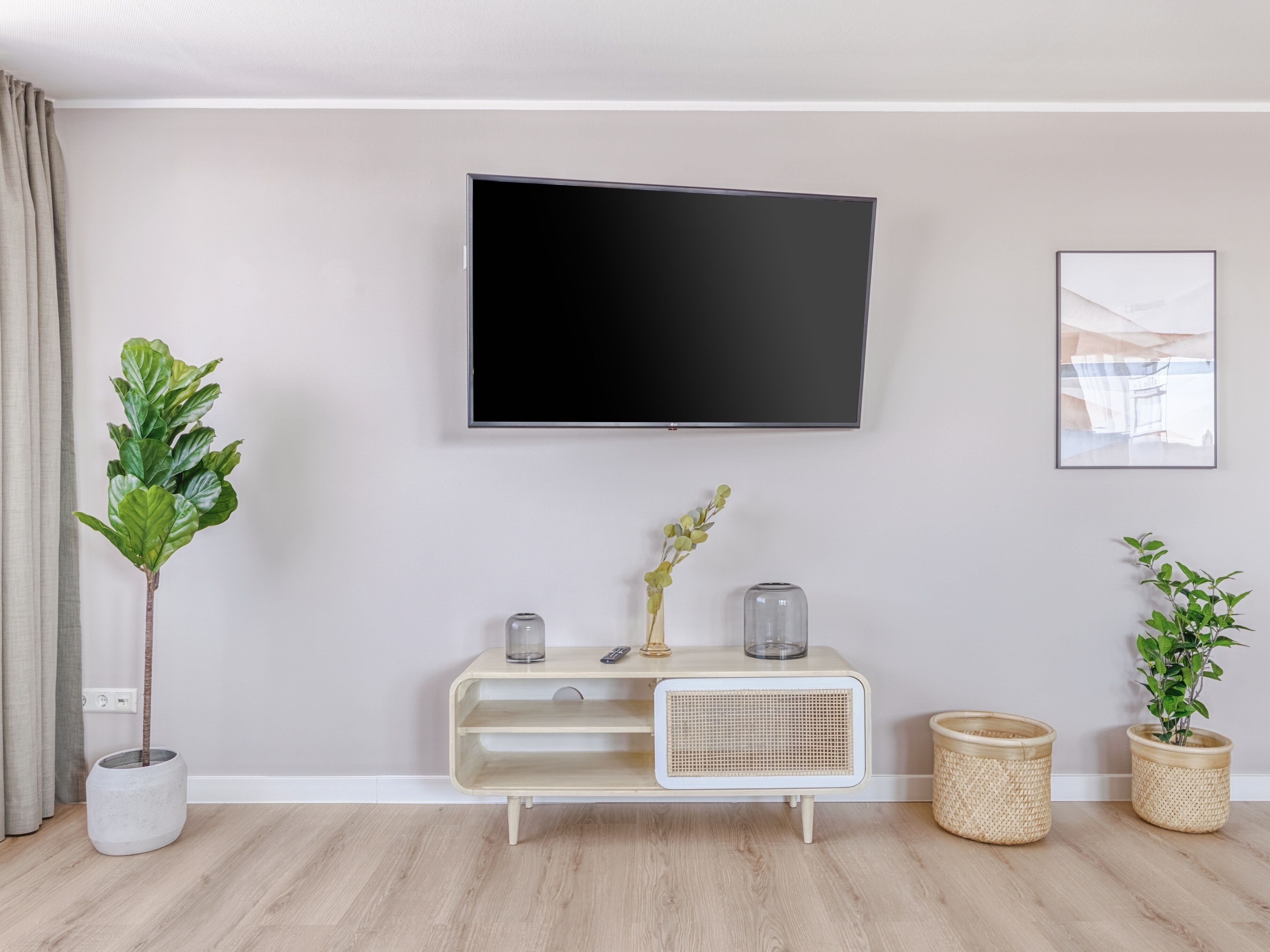A modern living room with a flat-screen TV mounted on the wall, a white console table with decorative items, and two potted plants.