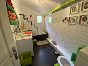 Combined shower/tub, hair dryer, toilet paper