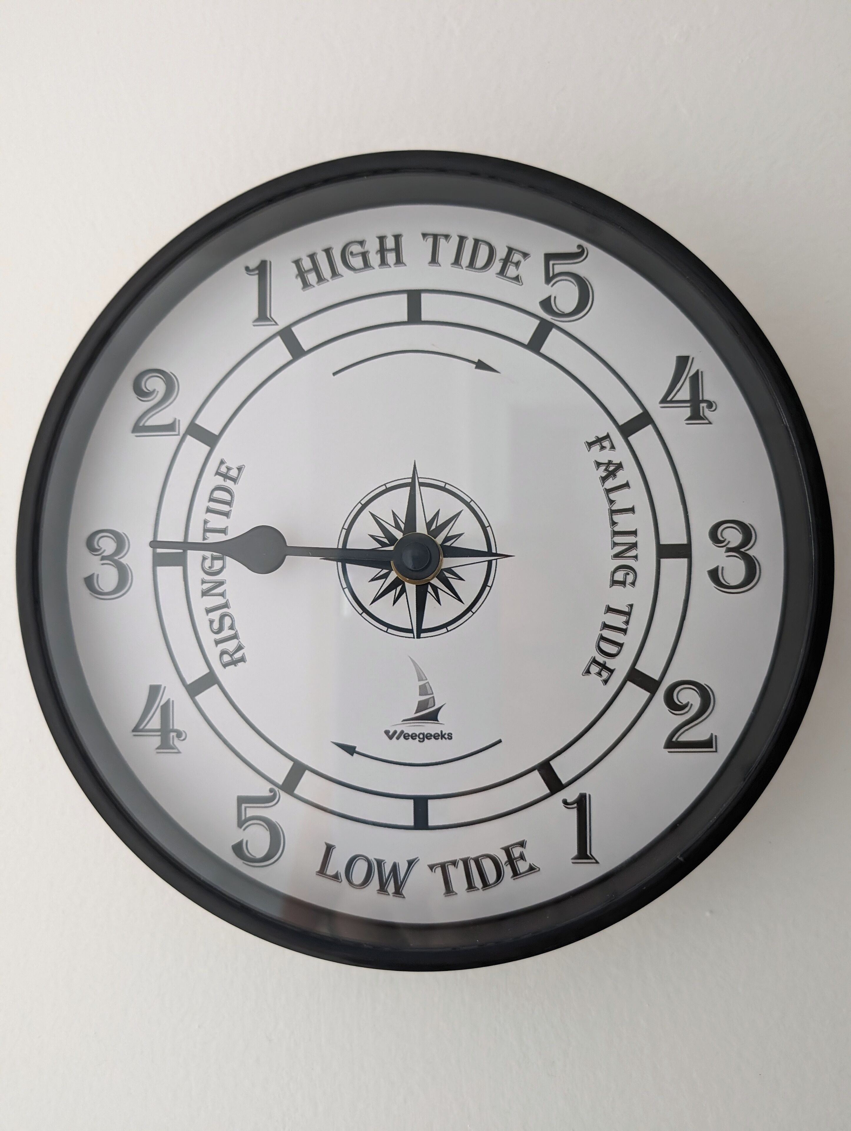 Une horloge de marée circulaire, avec les chiffres de 1 à 5 indiquant les niveaux de marée haute et de marée basse, et une rose des vents au centre.