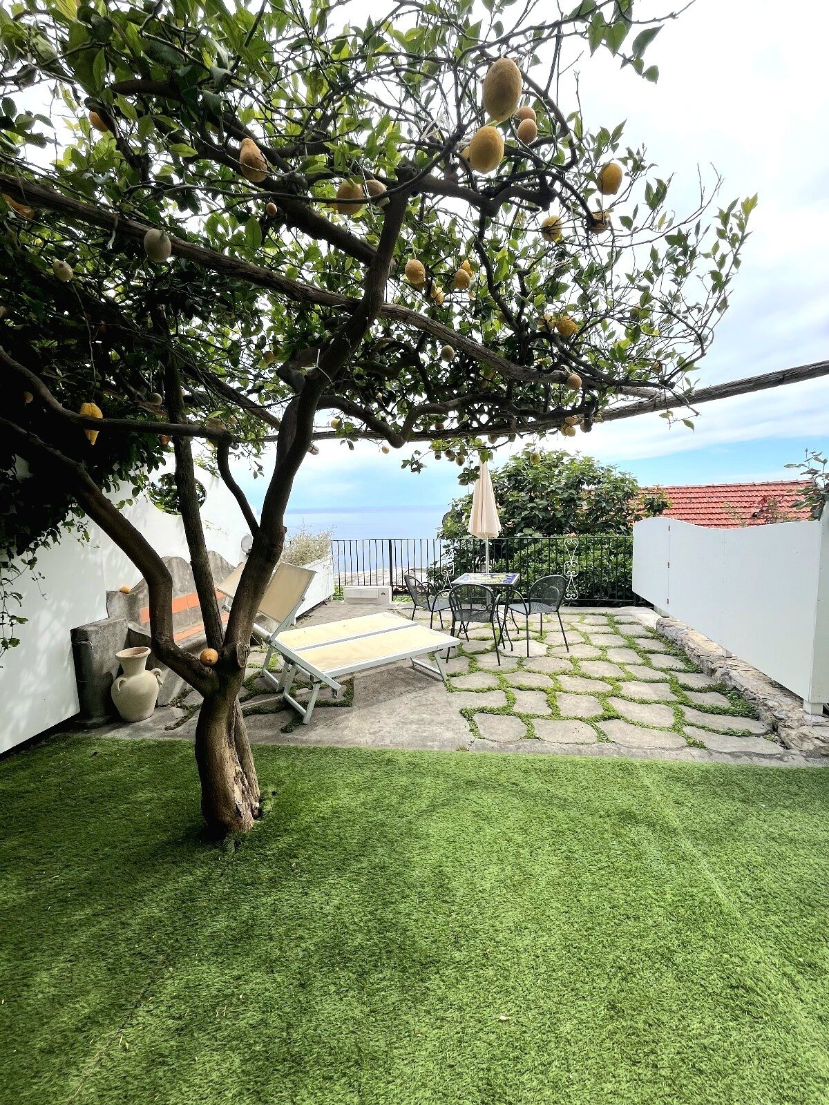 A backyard with a tree bearing fruit, a lawn, a patio area with a table and chairs, and a view of the sea.