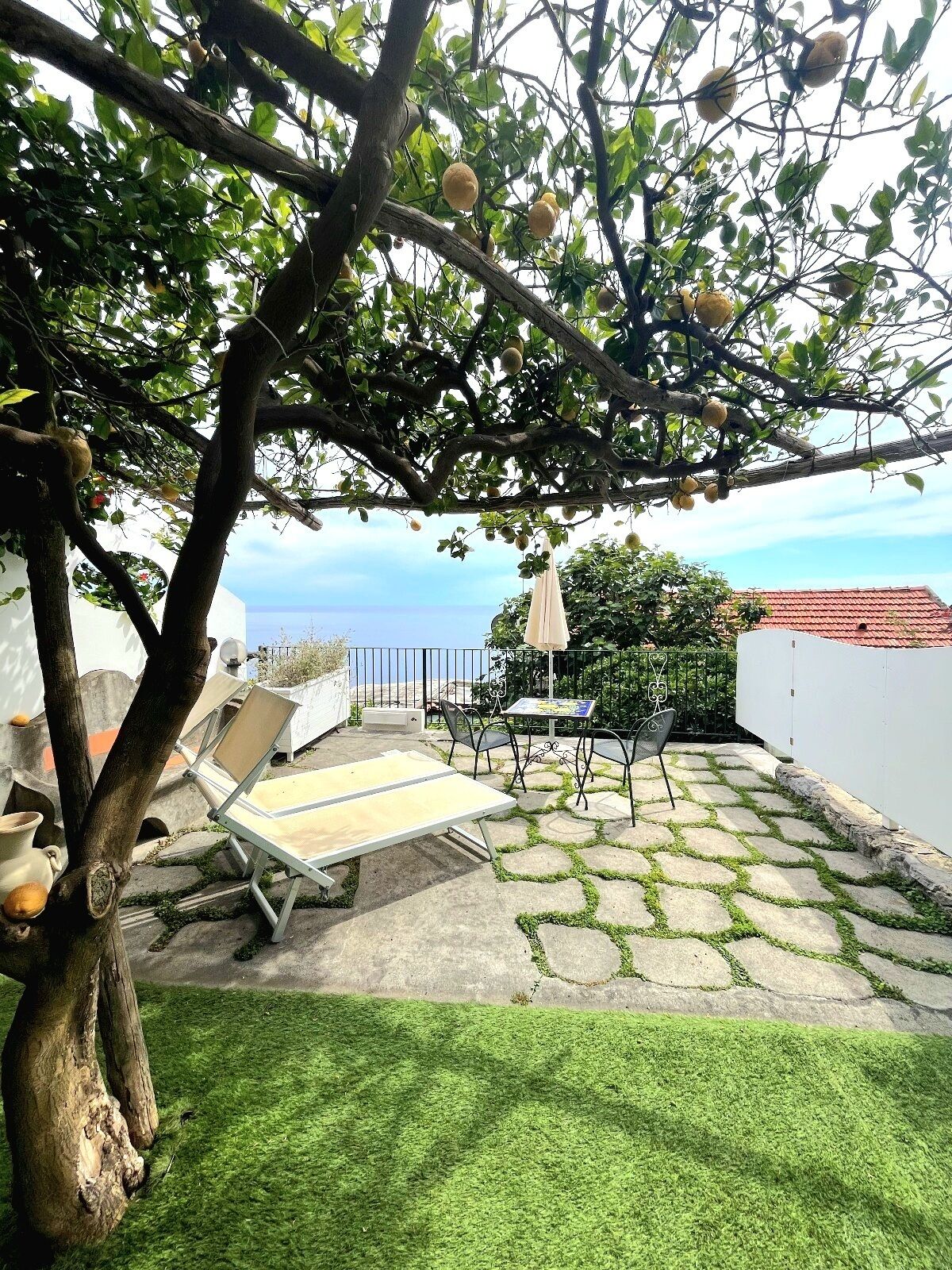 A patio with a table and chairs, a tree with fruit, and a view of the sea.