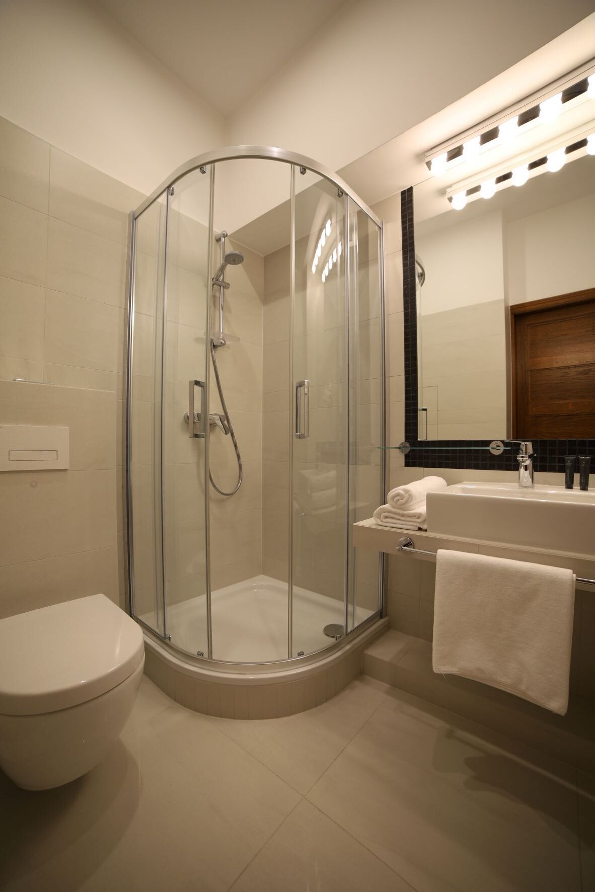 A modern bathroom with a glass-enclosed shower, a toilet, and a sink with a mirror above.
