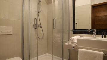 A modern bathroom with a glass-enclosed shower, a toilet, and a sink with a mirror above.
