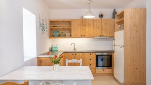 A compact kitchen with wooden cabinets, a white countertop, a sink, a stove, and a refrigerator. - Villa Fioro (Zakynthos)