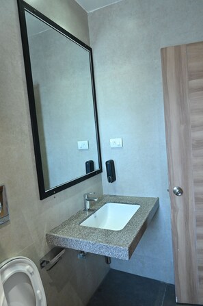 A bathroom with a rectangular sink, a mirror, a toilet, and a wooden door. - Rang Lords Inn Bharuch (Bharuch)