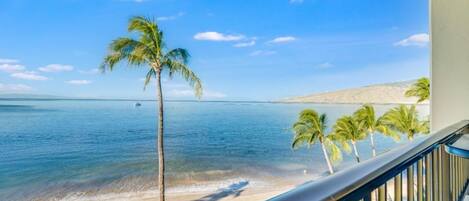 On the beach, sun-loungers, beach towels