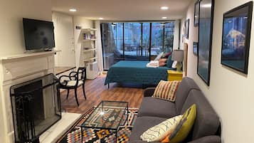 Smart TV, fireplace, books, offices