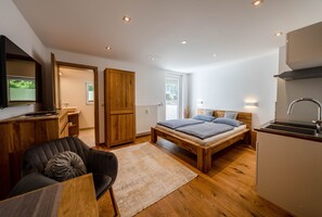 1 bedroom, desk, iron/ironing board, travel cot