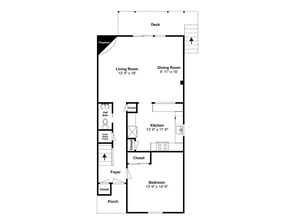 A floor plan of a house with a deck, living room, dining room, kitchen, bedroom, foyer, half bath, under-stairs closet, and porch.