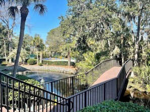 A bridge over a pond with surrounding trees and a clear sky.