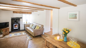 A cozy living room with a fireplace, a sofa, a TV, and a wooden dining table with yellow placemats. - Bryn Coed (Porthmadog)