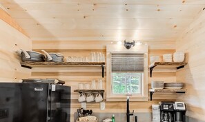 Fridge, microwave, dishwasher, coffee/tea maker